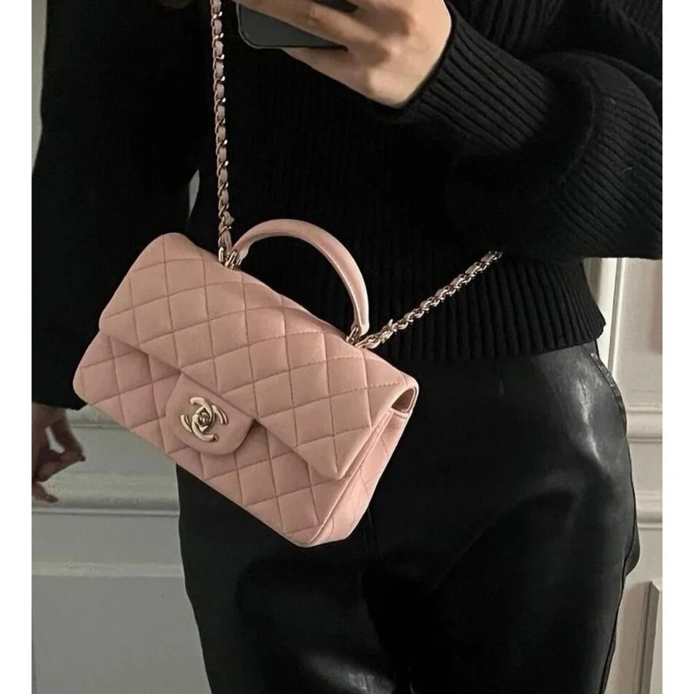 Authentic CHANEL Lambskin Quilted Mini Top Handle Rectangular Flap Bag Pink - Picture 3 of 11